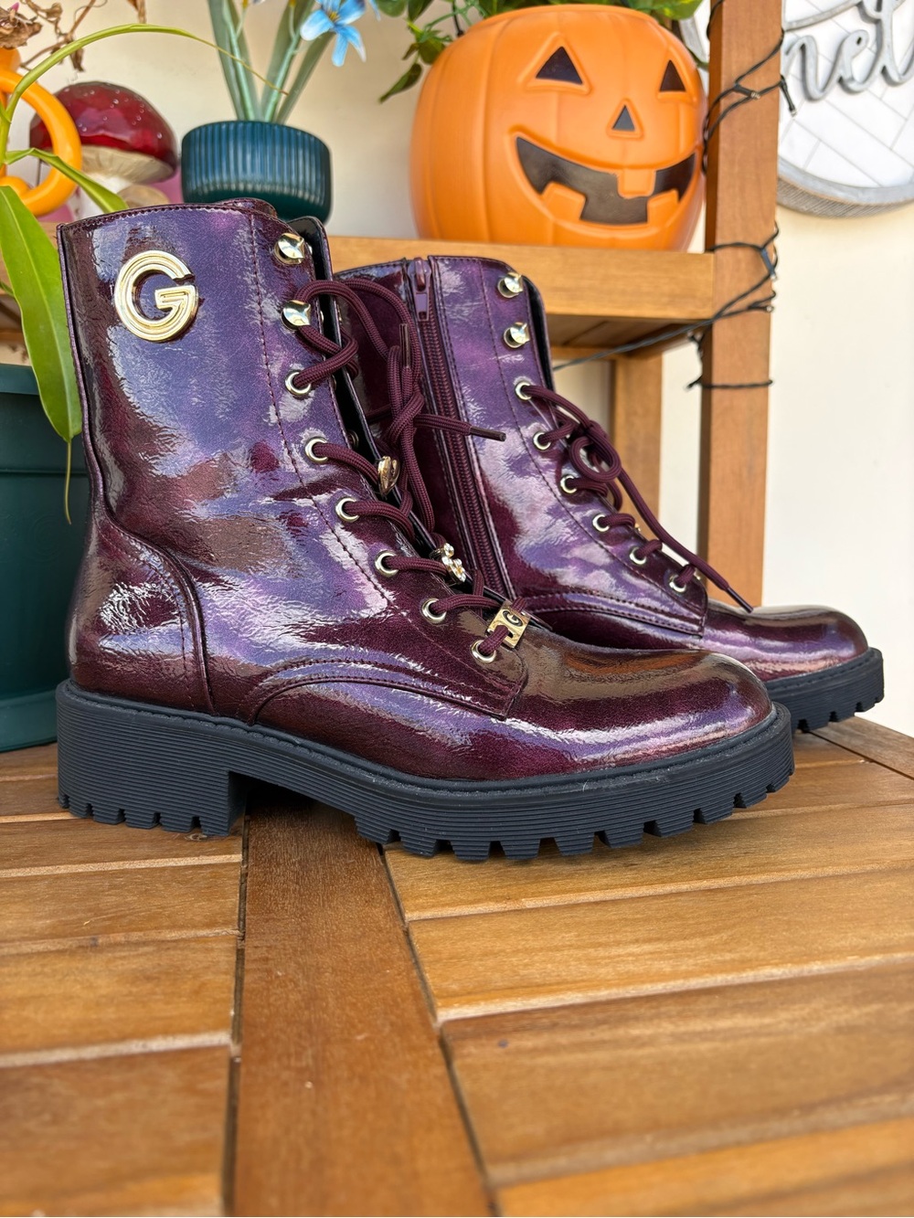 GBG by Guess Women's Burgundy Patent Combat Boots